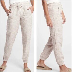 40. Athleta Cabo Tide Linen Jogger Pant Neutral Camo Cream Tan Tie Waist Size 4